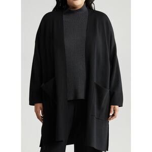 Eileen Fisher Size M Tencel Jacket Long Black Open Front Patch Pockets Stretch